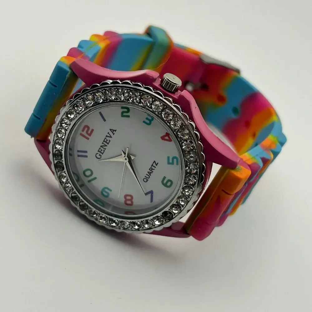 Geneva Multi-colored Hourly Dial and Silicon Band Women’s Analog Watch